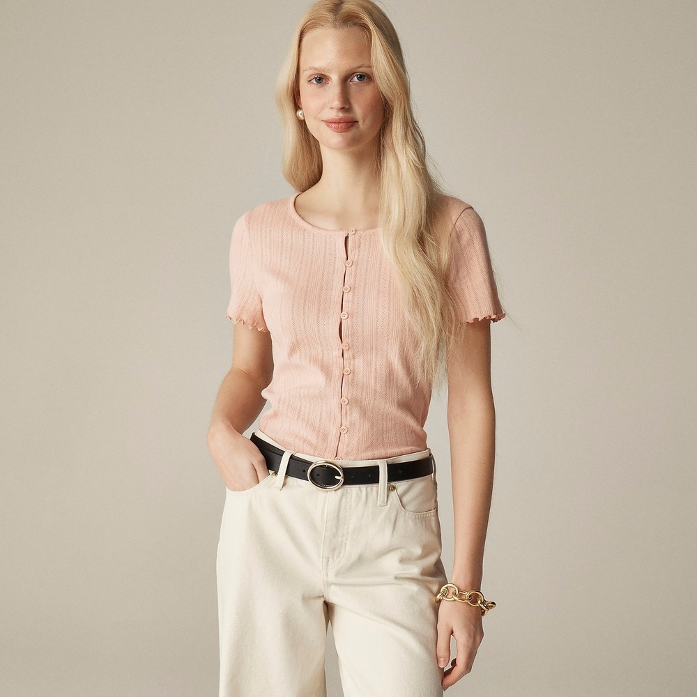 J.Crew Pointelle Short-Sleeve Knit Cardigan Pink Medium